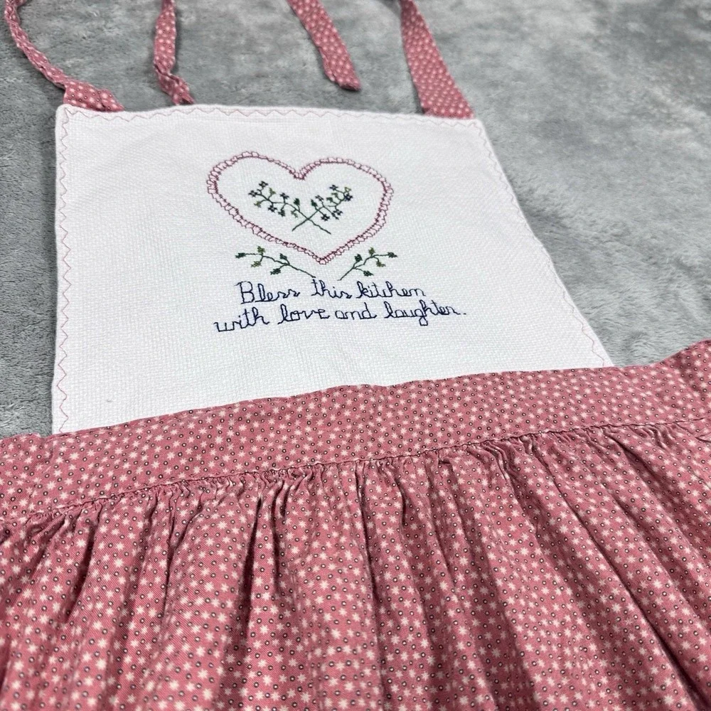 Vintage Pink Ruffle Apron Bless This‎ Kitchen Love Laughter Embroidered